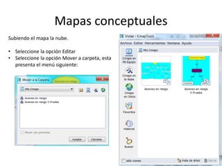 Mapas conceptuales
Subiendo el mapa la nube.
• Seleccione la opción Editar
• Seleccione la opción Mover a carpeta, esta
pr...
