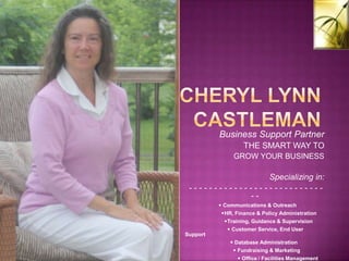 Cheryl Lynn Castleman Business Support Partner  THE SMART WAY TO  GROW YOUR BUSINESS Specializing in: ,[object Object],                        Communications & Outreach ,[object Object]