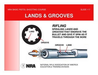 NRA BASIC PISTOL SHOOTING COURSE                                   SLIDE I-17


              LANDS & GROOVES
                                      RIFLING
                                      SPIRALING LANDS AND
                 LAND                 GROOVES THAT ENGRAVE THE
                                      BULLET AND GIVE IT SPIN AS IT
                                      TRAVELS THROUGH THE BORE

                           GROOVE
                                         GROOVE     LAND




                           NATIONAL RIFLE ASSOCIATION OF AMERICA
                           EDUCATION & TRAINING DIVISION
 