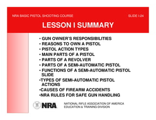 NRA BASIC PISTOL SHOOTING COURSE                                   SLIDE I-24


               LESSON I SUMMARY
              • GUN OWNER’S RESPONSIBILITIES
              • REASONS TO OWN A PISTOL
              • PISTOL ACTION TYPES
              • MAIN PARTS OF A PISTOL
              • PARTS OF A REVOLVER
              • PARTS OF A SEMI-AUTOMATIC PISTOL
              • FUNCTIONS OF A SEMI-AUTOMATIC PISTOL
                SLIDE
              •TYPES OF SEMI-AUTOMATIC PISTOL
                ACTIONS
              •CAUSES OF FIREARM ACCIDENTS
              •NRA RULES FOR SAFE GUN HANDLING
                           NATIONAL RIFLE ASSOCIATION OF AMERICA
                           EDUCATION & TRAINING DIVISION
 