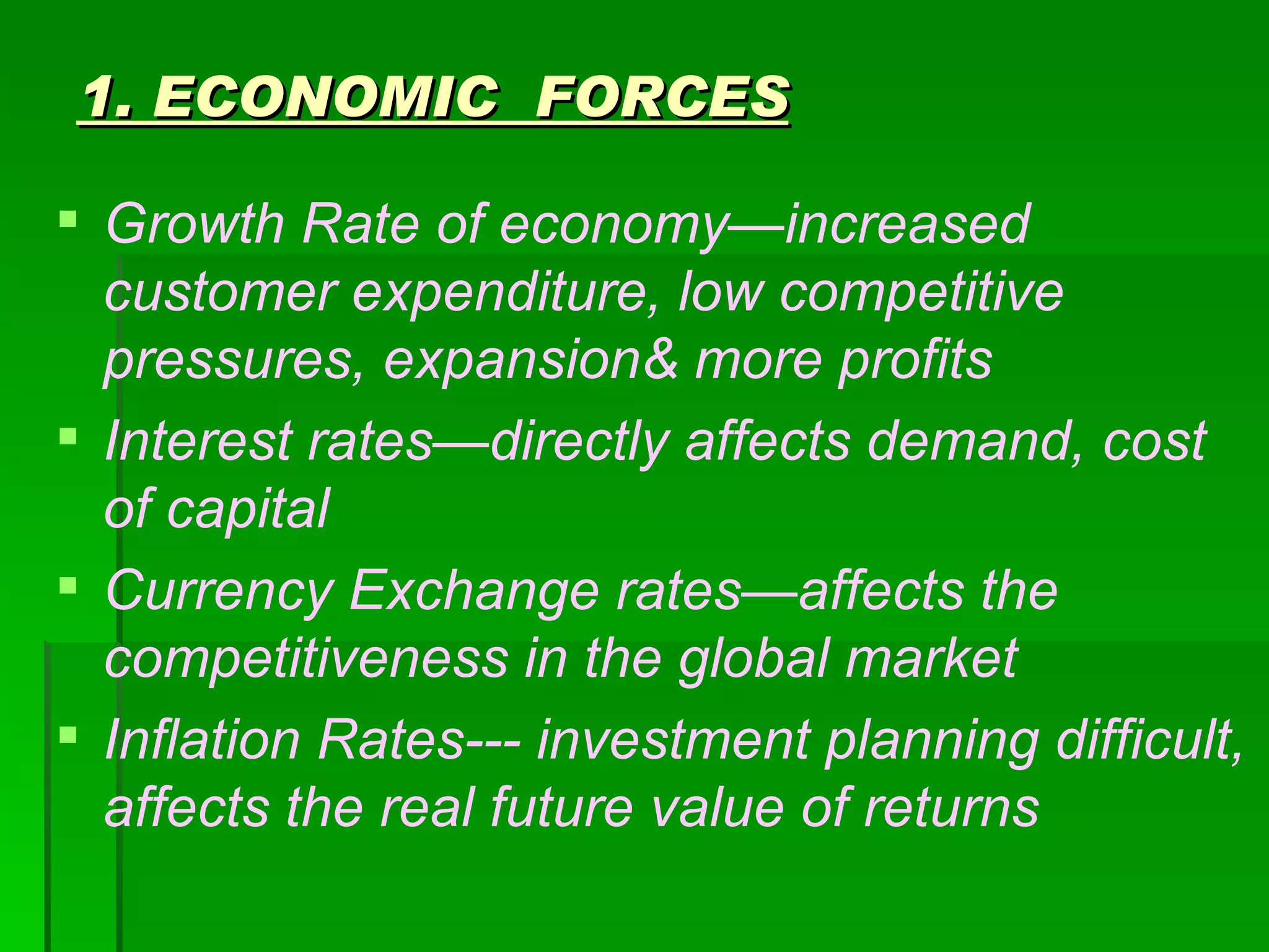 1. ECONOMIC  FORCES Growth Rate of economy—increased customer expenditure, low competitive pressures, expansion& more profits Interest rates—directly affects demand, cost of capital  Currency Exchange rates—affects the competitiveness in the global market  Inflation Rates--- investment planning difficult, affects the real future value of returns 
