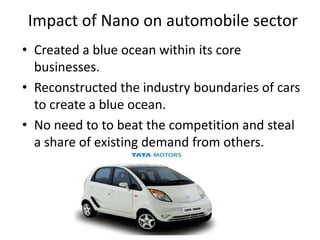 Impact of Nano on automobile sector
• Created a blue ocean within its core
  businesses.
• Reconstructed the industry boundaries of cars
  to create a blue ocean.
• No need to to beat the competition and steal
  a share of existing demand from others.
 