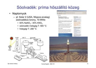 Sóolvadék: príma hőszállító közeg
• Naptornyok
– pl: Solar 2 (USA, Mojave-sivatag)
sóolvadékos torony, 10 MWe
• 60% NaNO3 - 40% KNO3
• sóolvadék melegág T: 565 °C
• hidegági T: 288 °C

Bp science meetup

Yamaji Bogdán, BME NTI

15

 