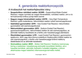 4. generációs reaktorkoncepciók
A kiválasztott hat reaktorfejlesztési irány:
• Szuperkritikus vízhűtésű reaktor (SCWR – Supercritical-Water-Cooled
Reactor): magas nyomású és magas hőmérsékletű, vízhűtésű reaktor, ami a víz
termodinamikai kritikus pontja felett üzemel
• Nagyon magas hőmérsékletű reaktor (VHTR – Very-High-Temperature
Reactor): grafit moderátoros, héliumhűtésű reaktor nyitott üzemanyagciklussal
• Gázhűtésű gyorsreaktor (GFR – Gas-Cooled Fast Reactor): héliumhűtésű
gyorsreaktor zárt üzemanyagciklussal
• Nátriumhűtésű gyorsreaktor (SFR – Sodium-Cooled Fast Reactor):
gyorsneutronspektrumú, nátriumhűtésű reaktor és zárt üzemanyagciklus, az
aktinidák hatékony kezelésére és a fertilis urán hasadóanyaggá alakítására
• Ólomhűtésű gyorsreaktor (LFR – Lead-Cooled Fast Reactor): gyorsneutronspektrumú, ólom vagy ólom-bizmut eutektikum folyékonyfém-hűtésű reaktor és
zárt üzemanyagciklus, a fertilis urán hasadóanyaggá történő hatékony
átalakítására és az aktinidák kezelésére
• Sóolvadékos reaktor (MSR – Molten Salt Reactor): folyékony üzemanyag
kering a reaktorban, hasadóanyag sóolvadék keverékben feloldva, cél a
hasadási termékek, aktinidák (radioaktív hulladék) kiégetése, a tórium
alkalmazása magas hatásfokú villamosenergia-termelés mellett.
Bp science meetup

Yamaji Bogdán, BME NTI

17

 