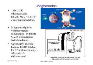 Maghasadás
• 1 db U-235
elhasadásakor:
kb. 200 MeV =3,2×10-11
J energia szabadul fel.
• Magyarország éves
villamosenergiafogyasztása ~19 t tiszta
U-235 elhasadásával
fedezhető lenne.
• Ugyanennyi energiát
kapunk 47×106 t (tehát
kb. 2,5 milliószor annyi)
feketekőszén
eltüzelésekor!
Bp science meetup

http://xkcd.com/1162/

Yamaji Bogdán, BME NTI

4

 