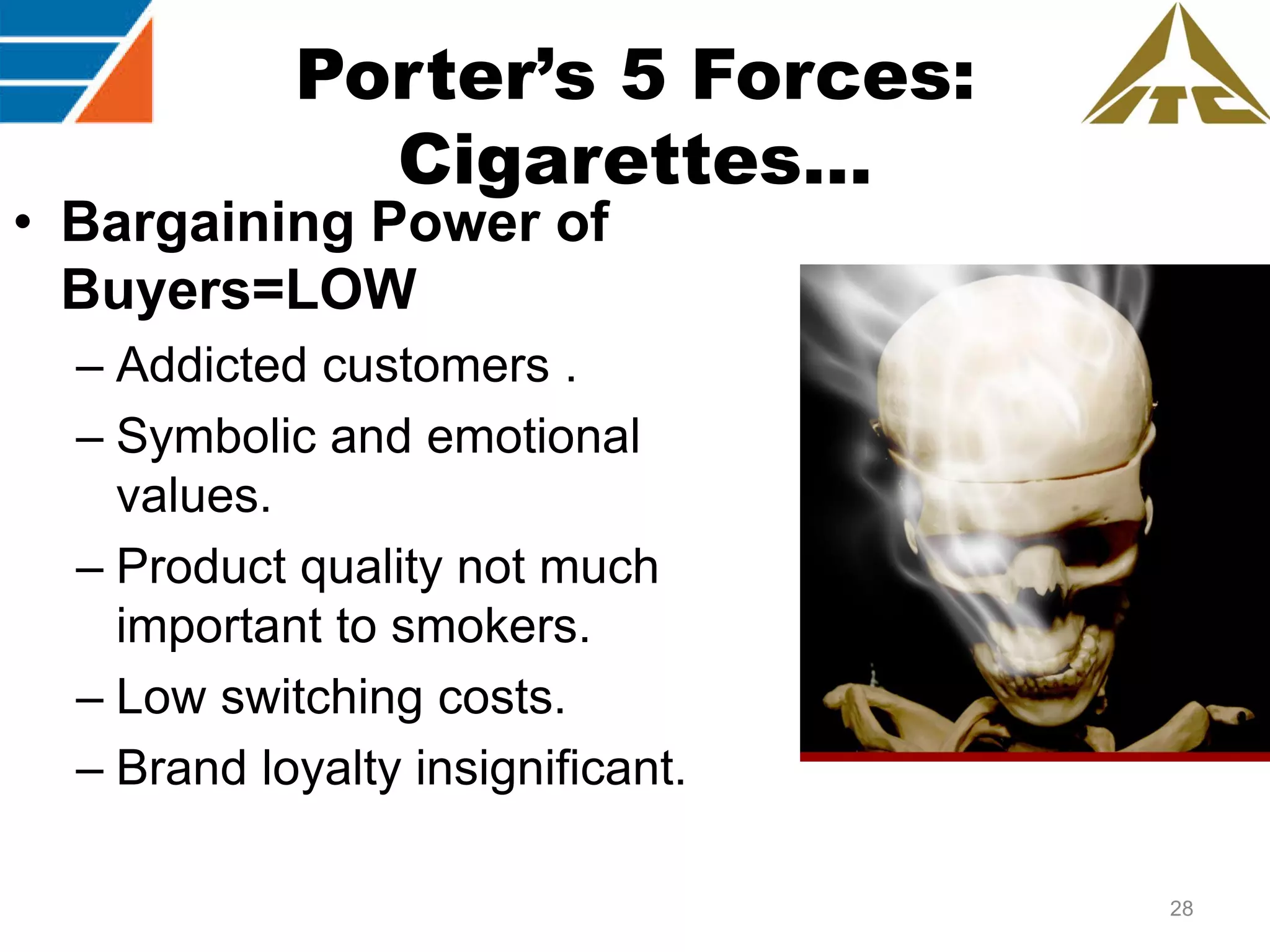 Porter’s 5 Forces:
Cigarettes…

• Bargaining Power of
Buyers=LOW

– Addicted customers .
– Symbolic and emotional
values.
– Product quality not much
important to smokers.
– Low switching costs.
– Brand loyalty insignificant.
28

 