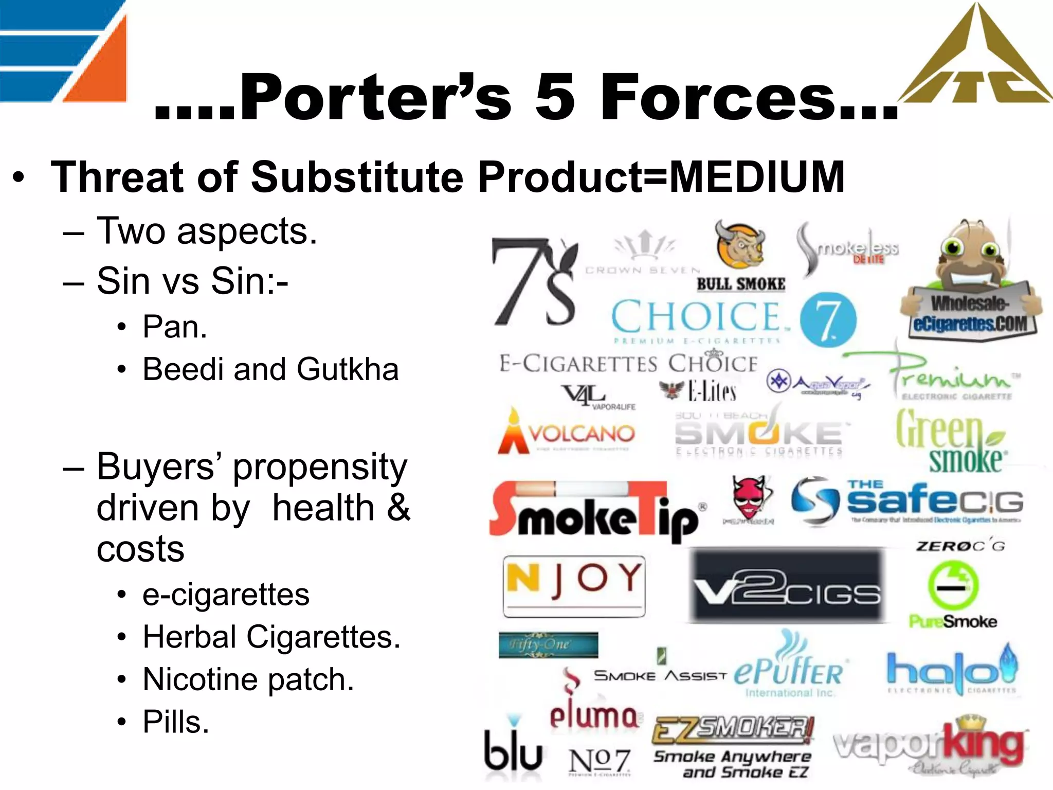 ….Porter’s 5 Forces…
• Threat of Substitute Product=MEDIUM
– Two aspects.
– Sin vs Sin:• Pan.
• Beedi and Gutkha

– Buyers‟ propensity
driven by health &
costs
•
•
•
•

e-cigarettes
Herbal Cigarettes.
Nicotine patch.
Pills.
31

 