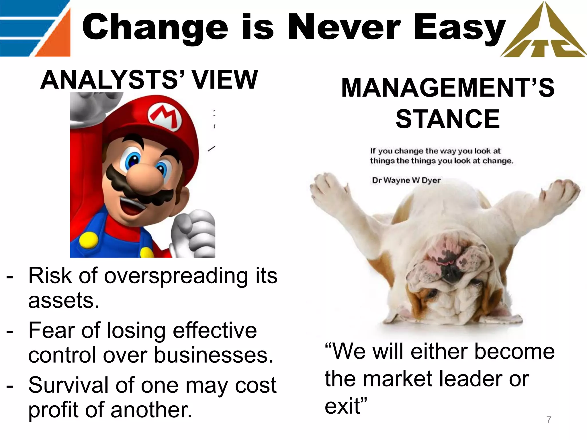 Change is Never Easy
ANALYSTS’ VIEW

- Risk of overspreading its
assets.
- Fear of losing effective
control over businesses.
- Survival of one may cost
profit of another.

MANAGEMENT’S
STANCE

“We will either become
the market leader or
exit”
7

 