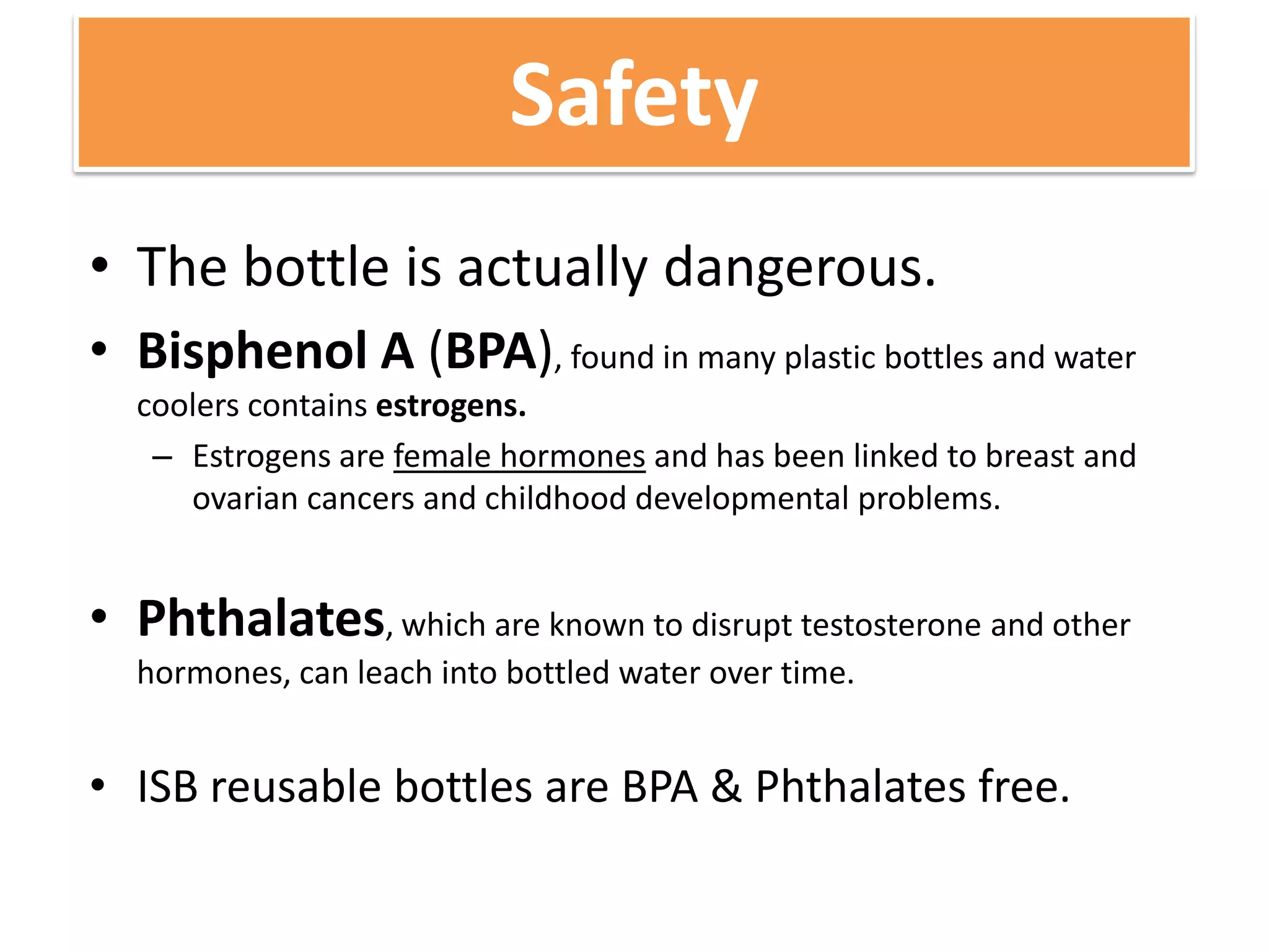 Water:  Bottled vs. TappedTasteSafetyEnvironmentMyth vs. TruthCost