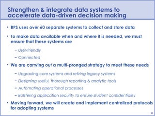 Strengthen & integrate data systems to
accelerate data-driven decision making
• BPS uses over 60 separate systems to collect and store data

• To make data available when and where it is needed, we must
  ensure that these systems are
   − User-friendly
   − Connected
• We are carrying out a multi-pronged strategy to meet these needs

   − Upgrading core systems and retiring legacy systems
   − Designing useful, thorough reporting & analytic tools
   − Automating operational processes
   − Bolstering application security to ensure student confidentiality
• Moving forward, we will create and implement centralized protocols
  for adopting systems
                                                                         10
 