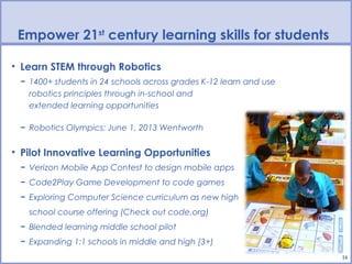 Empower 21st century learning skills for students

• Learn STEM through Robotics
 − 1400+ students in 24 schools across grades K-12 learn and use
   robotics principles through in-school and
   extended learning opportunities

 − Robotics Olympics: June 1, 2013 Wentworth


• Pilot Innovative Learning Opportunities
 − Verizon Mobile App Contest to design mobile apps
 − Code2Play Game Development to code games
 − Exploring Computer Science curriculum as new high
   school course offering (Check out code.org)
 − Blended learning middle school pilot
 − Expanding 1:1 schools in middle and high (3+)
                                                                   14
 