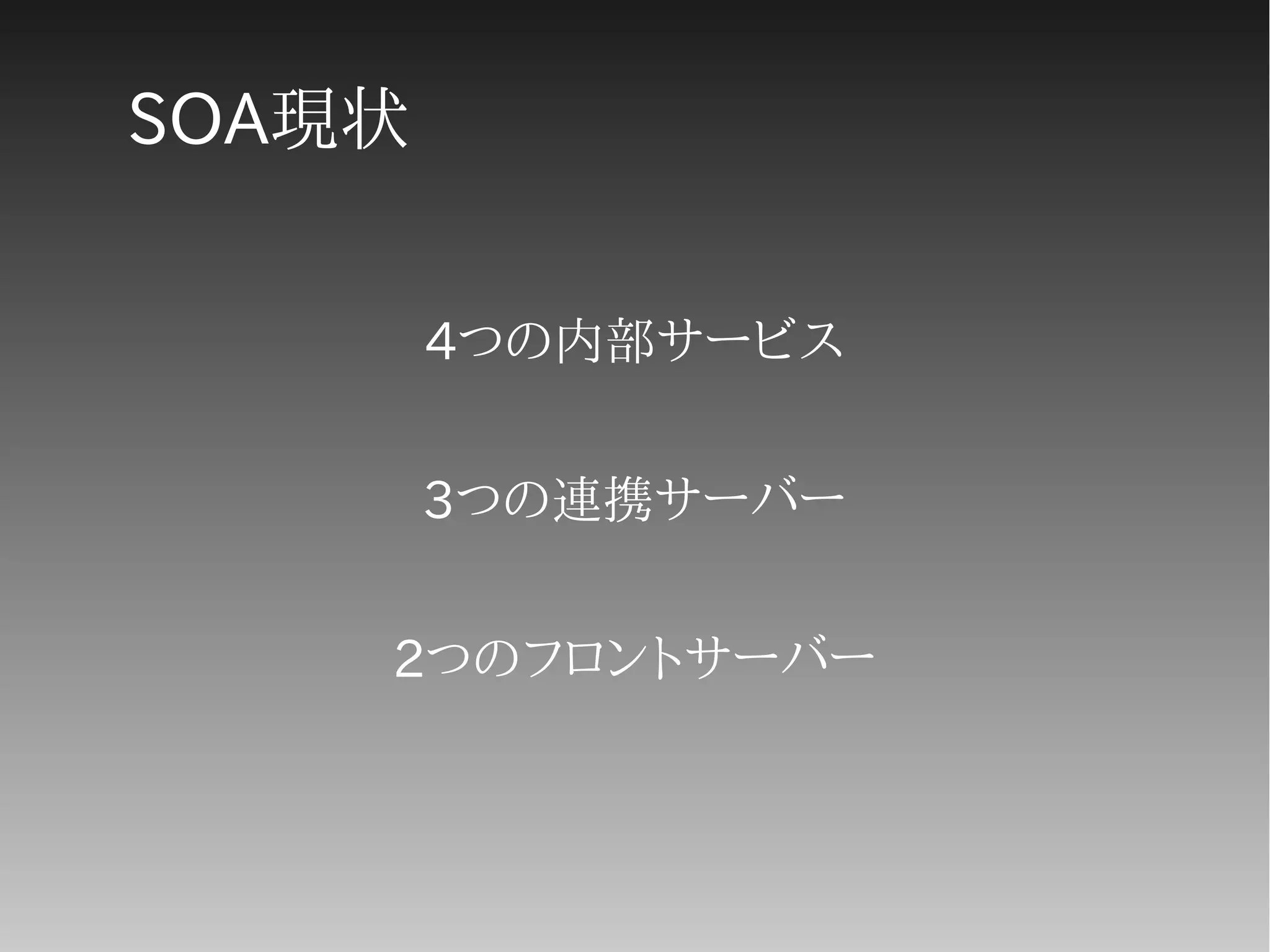SOA現状
4つの内部サービス
3つの連携サーバー
2つのフロントサーバー
 
