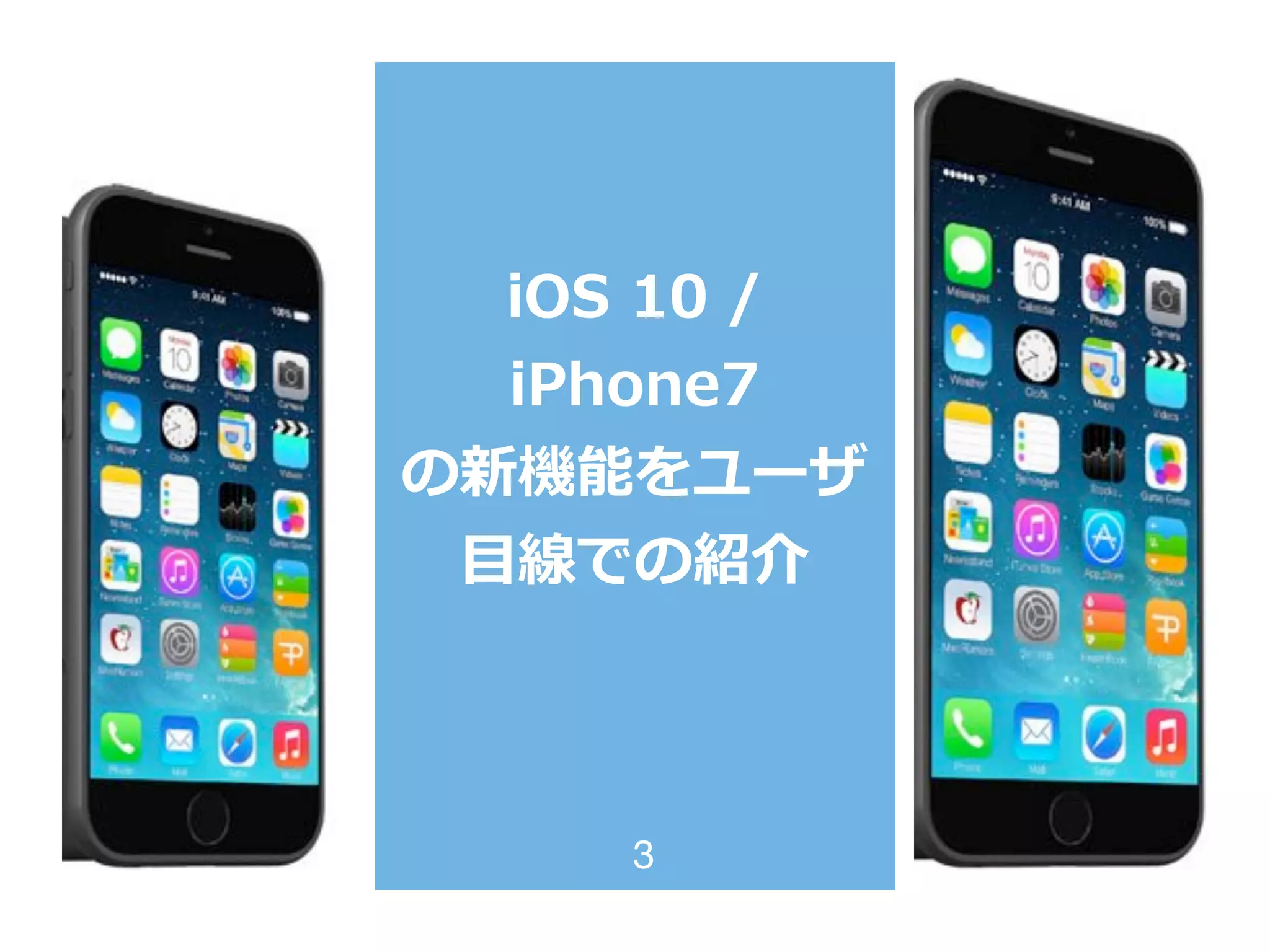 iOS  10  /  
iPhone7
の新機能をユーザ
⽬目線での紹介
3
 