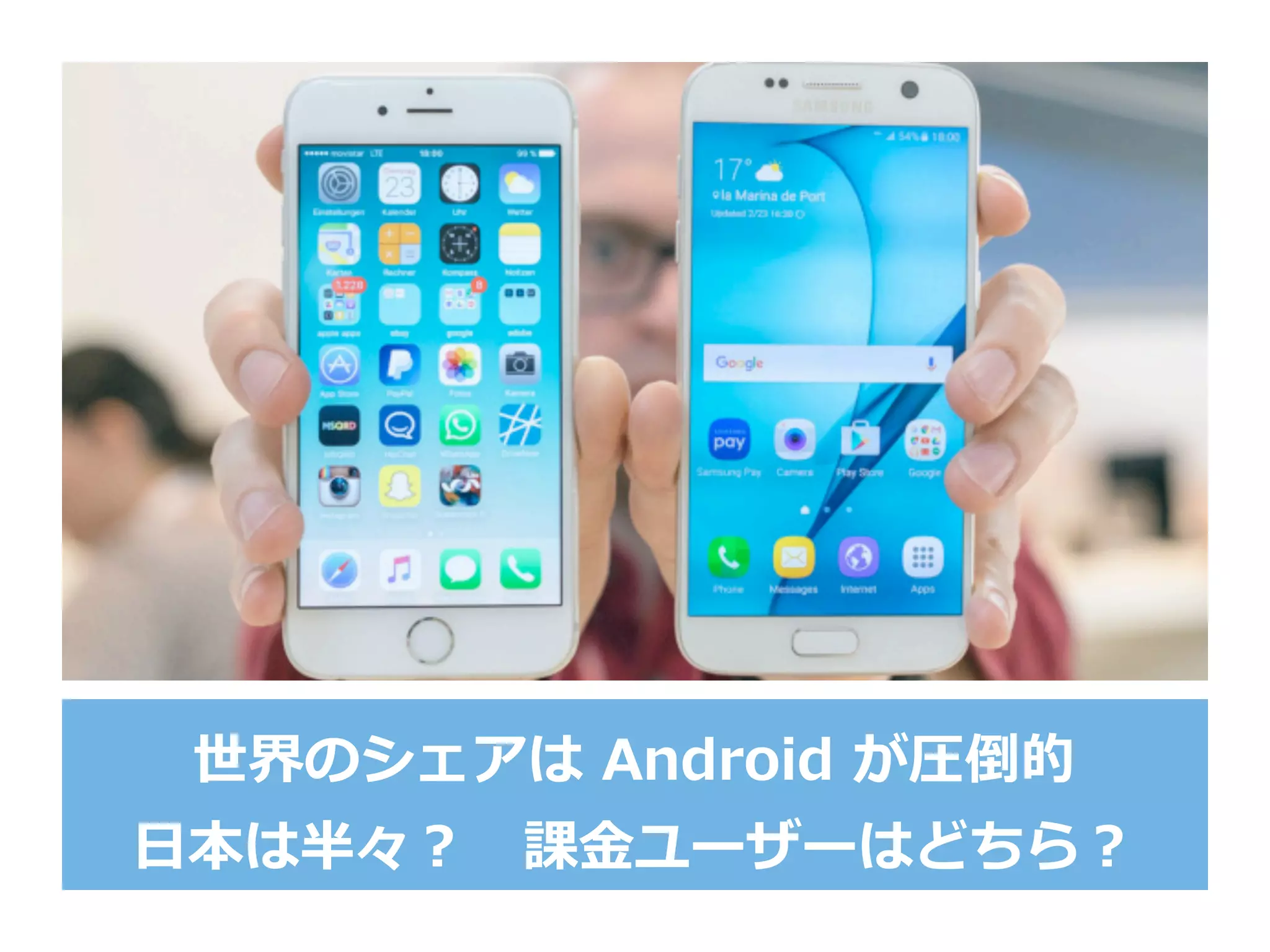 世界のシェアは  Android  が圧倒的
⽇日本は半々？ 　課⾦金金ユーザーはどちら？
 