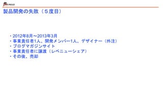 製品開発の失敗（５度目）
・2012年8月〜2013年3月
・事業責任者1人、開発メンバー1人、デザイナー（外注）
・ブログマガジンサイト
・事業責任者に譲渡（レベニューシェア）
・その後、売却
 