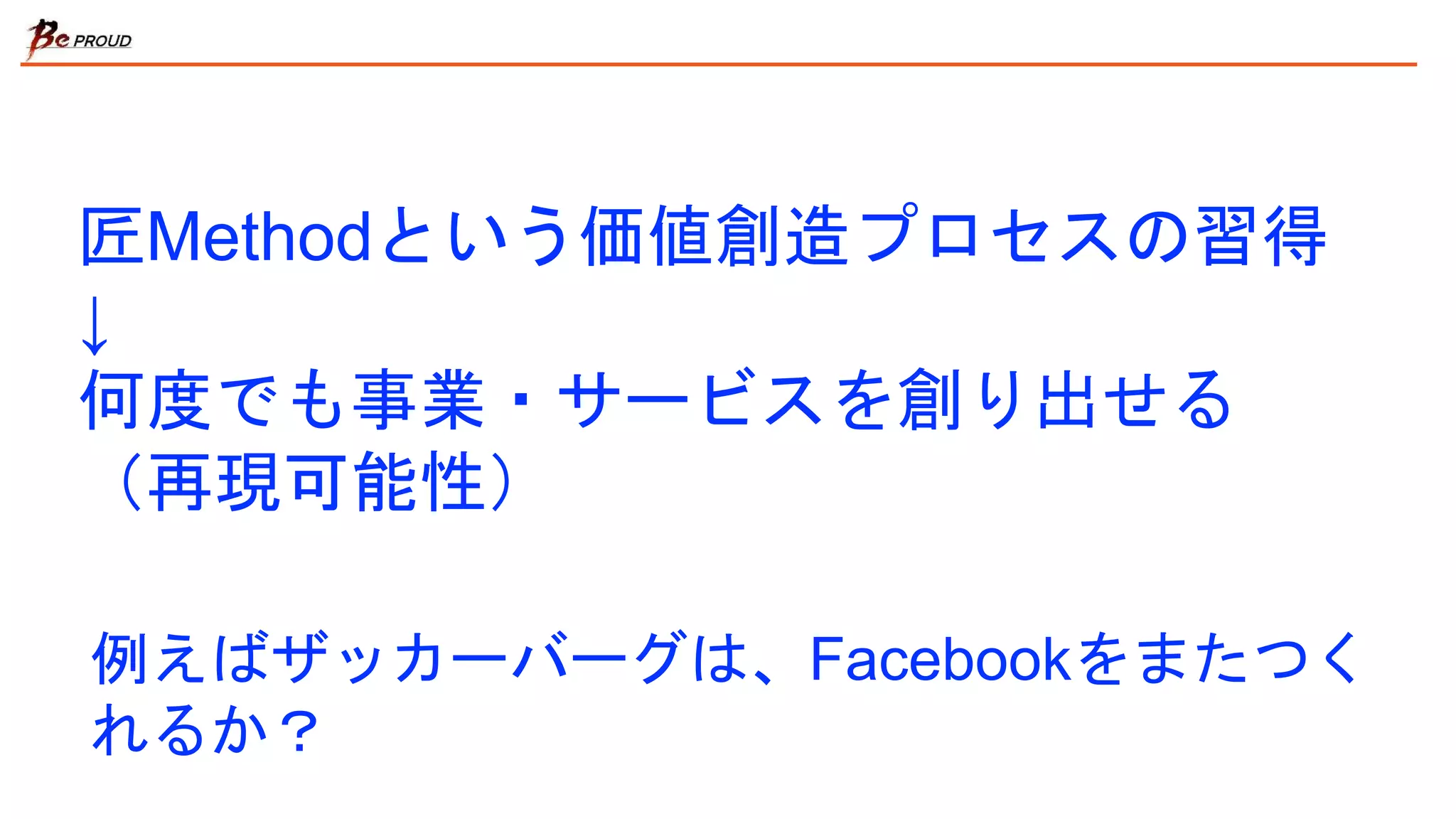 匠Methodという価値創造プロセスの習得
↓
何度でも事業・サービスを創り出せる
（再現可能性）
例えばザッカーバーグは、Facebookをまたつく
れるか？
 