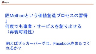 匠Methodという価値創造プロセスの習得
↓
何度でも事業・サービスを創り出せる
（再現可能性）
例えばザッカーバーグは、Facebookをまたつく
れるか？
 