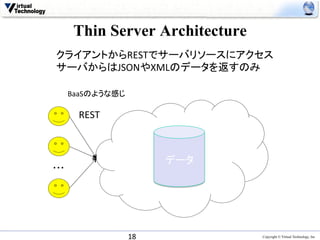 Thin Server Architecture	
 クライアントからRESTでサーバリソースにアクセス	
  
 サーバからはJSONやXMLのデータを返すのみ	

    BaaSのような感じ	

        REST	



                          データ	
・・・	




                 18	
                Copyright © Virtual Technology, Inc
 