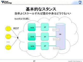 基本的なスタンス	
         効率よくスケールすれば雲の中身はどうでもいい	
         BaaSのような感じ	



                    WEB	
          AP	
        REST	
                            セッションオブジェクト	




                                                   	
  	
  	
  	
  DB	
                    WEB	
          AP	
                                           セッションオブジェクト	



・・・	
                        WEB	
      AP	
                                           セッションオブジェクト	




                          27	
                                            Copyright © Virtual Technology, Inc
 