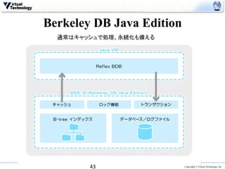 Berkeley DB Java Edition	
  通常はキャッシュで処理、永続化も備える	




        43	
              Copyright © Virtual Technology, Inc
 