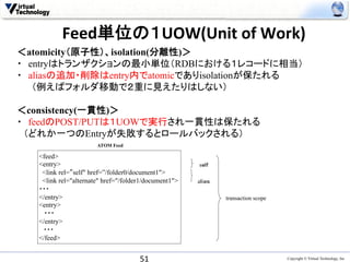Feed単位の１UOW(Unit	
  of	
  Work)	
  
＜atomicity（原子性）、isolation(分離性)＞
・　entryはトランザクションの最小単位（RDBにおける１レコードに相当）
・　aliasの追加・削除はentry内でatomicでありisolationが保たれる
   （例えばフォルダ移動で２重に見えたりはしない）

＜consistency(一貫性)＞
・　feedのPOST/PUTは１UOWで実行され一貫性は保たれる
　（どれか一つのEntryが失敗するとロールバックされる）	
                       ATOM Feed

   <feed>
   <entry>                                             sｅｌｆ	
    <link rel=“self" href=”/folder0/document1">
    <link rel="alternate" href="/folder1/document1">   aｌｉａｓ	
   ・・・
   </entry>                                                      transaction scope
   <entry>
     ・・・
   </entry>
   　・・・
   </feed>


                                      51	
                                           Copyright © Virtual Technology, Inc
 