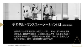 企業がビジネス環境の激しい変化に対応し、データとデジタル技術を
活用して、顧客や社会のニーズを基に、製品やサービス、ビジネスモデ
ルを変革するとともに、業務そのものや、組織、プロセス、企業文化・
風土を変革し、競争上の優位性を確立すること
デジタルトランスフォーメーションとは（経済産業省）
©2025 株式会社 未来戦略室（TOMOIKI WORKS CO.,LTD.）
 
