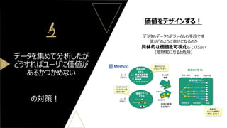 データを集めて分析したが
どうすればユーザに価値が
あるかつかめない
価値をデザインする！
デジタルデータもアジャイルも手段です
誰がどのように幸せになるのか
具体的な価値を可視化してください
（暗黙知になると危険）
の対策！
 