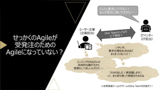 せっかくのAgileが
受発注のための
Agileになっていない？
どんどん要求してください！
なんせ変化に強いですから・・・
いやいや、
要求仕様をまとめるほど
まとまってないって！
エンジニアのみなさんの
技術的な裏打ちから
提案もしてほしいんだけど・・・
「わかりました！再見積します」
って、また持ち帰って時間かかるのね
ユーザー企業
（企画担当）
ITベンダー
（IT担当）
※改革推進チームとITチームのOne Teamを目指そう！
 