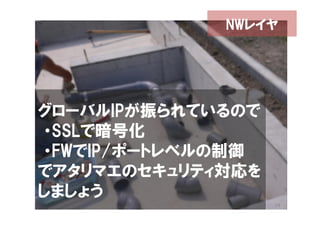 NWレイヤ




グローバルIPが振られているので
・SSLで暗号化
・FWでIP/ポートレベルの制御
でアタリマエのセキュリティ対応を
しましょう
                   34
 