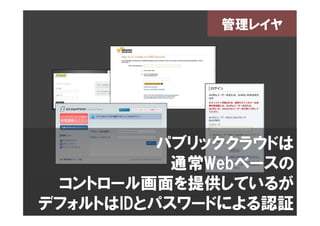 管理レイヤ




          パブリッククラウドは
           通常Webベースの
 コントロール画面を提供しているが
デフォルトはIDとパスワードによる認証
 