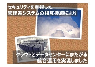 セキュリティを重視した
管理系システムの相互接続により




 クラウドとデータセンターにまたがる
      統合運用を実現しました
 