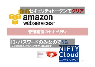 セキュリティトークンでクリア



       管理画面のセキュリティ

ID・パスワードのみなのでNG
＊検討当時の状況のため現在は異なります




                      58
 