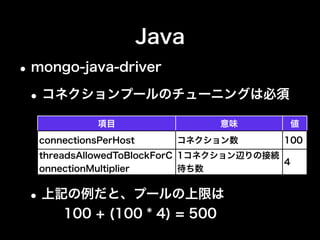 Java
•Spring Data - MongoDB
• http://www.springsource.org/spring-data/mongodb
•ドキュメントとPOJO間マッパー
•mongo-java-driverを内部で利用
public class User {
private String id;
private String name;
private int age;
public User(String name, int age) {
this.name = name;
this.age = age;
}
// 各プロパティのgetter
}
MongoTemplate mongoTemplate =
new MongoTemplate(new Mongo(url), "dbname");
// ドキュメント作成
mongoTemplate.insert(new User("matsukaz", 34));
// ドキュメント取得
User matsukaz = mongoTemplate.ﬁndOne(
new Query(Criteria.where("name").is("matsukaz")},
USer.class);
 