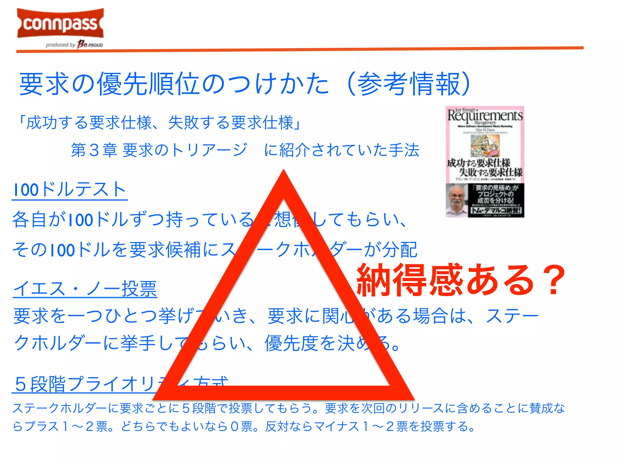 要求の優先順位のつけかた（参考情報） 
「成功する要求仕様、失敗する要求仕様」 
第３章 要求のトリアージ　に紹介されていた手法 
100ドルテスト 
各自が100ドルずつ持っていると想像してもらい、 
その100ドルを要求候補にステークホルダーが分配 
イエス・ノー投票 
要求を一つひとつ挙げていき、要求に関心がある場合は、ステー 
クホルダーに挙手してもらい、優先度を決める。 
５段階プライオリティ方式 
ステークホルダーに要求ごとに５段階で投票してもらう。要求を次回のリリースに含めることに賛成な 
らプラス１～２票。どちらでもよいなら０票。反対ならマイナス１～２票を投票する。 
納得感ある？ 
 