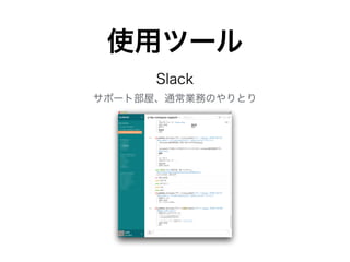 使用ツール 
Slack 
サポート部屋、通常業務のやりとり 
 