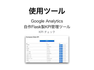 使用ツール 
Google Analytics 
自作Flask製KPI管理ツール 
KPI チェック 
 