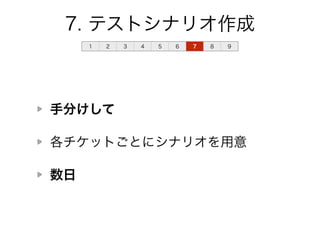 7. テストシナリオ作成 
1 2 3 4 5 6 7 8 9 
手分けして 
各チケットごとにシナリオを用意 
数日 
 