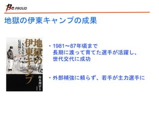 地獄の伊東キャンプの成果
・外部補強に頼らず、若手が主力選手に
・1981〜87年頃まで
長期に渡って育てた選手が活躍し、
世代交代に成功
 