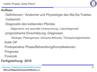 eLearning – Fortbildung für die tierärztliche Praxis? 31
Ehlers und Wagels, BpT-Kongress 2008, Hannover
Vetlife Projekt „Kolik Pferd“
Aufbau:
Definitionen / Anatomie und Physiologie des Ma-Da-Traktes
Vorbericht
Diagnostik des kolikenden Pferdes
Allgemeine und spezielle Untersuchung, Labordiagnostik
prognostische Einschätzung, Diagnosen
Ätiologie, Pathogenese, klinische Befunde, Therapiemöglichkeiten
Kolik OP
Postoperative Phase/Behandlung/Komplikationen
Prognose
Forensik
Fertigstellung: 2010
Ehlers und Wagels, BpT-Kongress 2008, Hannover
 