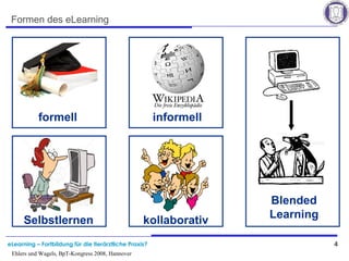 eLearning – Fortbildung für die tierärztliche Praxis? 4
Ehlers und Wagels, BpT-Kongress 2008, Hannover
Formen des eLearning
Blended
Learning
formell
Selbstlernen
informell
kollaborativ
 