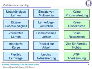 eLearning – Fortbildung für die tierärztliche Praxis? 6
Ehlers und Wagels, BpT-Kongress 2008, Hannover
Vorteile von eLearning
Unabhängiges
Lernen
Eigene
Geschwindigkeit
Vernetztes
Lernen
Interaktive
Kurse
Flexible
Lernwege
Einsatz von
Multimedia
Lernerfolgs-
kontrollen
Gemeinsames
Lernen
Parallel zur
Arbeit
Leichte
Aktualisierung
Keine
Praxisvertretung
Keine
Reisekosten
Keine
Reisezeiten
Zeit für Familie/
Hobby
ATF-
Anerkennung
 