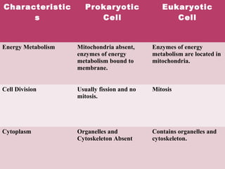 Characteristic
s
Prokaryotic
Cell
Eukaryotic
Cell
Energy Metabolism Mitochondria absent,
enzymes of energy
metabolism bound to
membrane.
Enzymes of energy
metabolism are located in
mitochondria.
Cell Division Usually fission and no
mitosis.
Mitosis
Cytoplasm Organelles and
Cytoskeleton Absent
Contains organelles and
cytoskeleton.
 