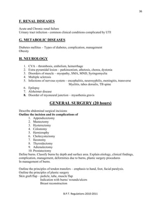  
B.P.T. Regulations 2010‐2011 
36
F. RENAL DISEASES
Acute and Chronic renal failure
Urinary tract infection - common clinical conditions complicated by UTI
G. METABOLIC DISEASES
Diabetes mellitus – Types of diabetes, complication, management
Obesity
H. NEUROLOGY
1. CVA – thrombosis, embolism, hemorrhage
2. Extra pyramidal lesion – parkinsonism, athetosis, chorea, dystonia
3. Disorders of muscle – myopathy, SMA, MND, Syringomyelia
4. Multiple sclerosis
5. Infections of nervous system – encephalitis, neurosyphilis, meningitis, transverse
Myelitis, tabes dorsalis, TB spine
6. Epilepsy
7. Alzheimer disease
8. Disorder of myoneural junction – myasthenia gravis
GENERAL SURGERY (20 hours)
Describe abdominal surgical incisions
Outline the incision and its complications of
1. Appendicectomy
2. Mastectomy
3. Hysterectomy
4. Colostomy
5. Hernioraphy
6. Cholecystectomy
7. Ileostomy
8. Thyroidectomy
9. Adrenalectomy
10. Prostatectomy
Define burns. Classify burns by depth and surface area. Explain etiology, clinical findings,
complication, management, deformities due to burns, plastic surgery procedures
In management of burns.
Outline the principles of tendon transfers – emphasis to hand, foot, facial paralysis.
Outline the principles of plastic surgery
Skin graft/flap – pedicle, tube, muscle flap
Indication with burns/ wounds/ulcers
Breast reconstruction
 