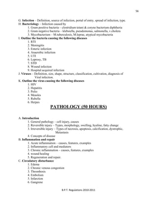  
B.P.T. Regulations 2010‐2011 
56
G. Infection – Definition, source of infection, portal of entry, spread of infection, type.
H. Bacteriology – Infection caused by
1. Gram positive bacteria – clostridium tetani & coryne bacterium diphtheria
2. Gram negative bacteria – klebsiella, pseudomonas, salmonella, v.cholera
3. Mycobacterium – M.tuberculosis, M.leprae, atypical mycobacteria
I. Outline the bacteria causing the following diseases
1. RTI
2. Meningitis
3. Enteric infection
4. Anaerobic infection
5. UTI
6. Leprosy, TB
7. STD
8. Wound infection
9. Hospital acquired infection
J. Viruses – Definition, size, shape, structure, classification, cultivation, diagnosis of
Viral infection.
K. Outline the virus causing the following diseases
1. HIV
2. Hepatitis
3. Polio
4. Measles
5. Rubella
6. Herpes
PATHOLOGY (50 HOURS)
A. Introduction
1. General pathology – cell injury, causes
2. Reversible injury – Types, morphology, swelling, hyaline, fatty change
3. Irreversible injury – Types of necrosis, apoptosis, calcification, dystrophic,
Metastasis
4. Concepts of disease
B. Inflammation and repair
1. Acute inflammation – causes, features, examples
2. Inflammatory cell and mediators
3. Chronic inflammation – causes, features, examples
4. wound healing
5. Regeneration and repair.
C. Circulatory disturbance
1. Edema
2. Chronic venous congestion
3. Thrombosis
4. Embolism
5. Infarction
6. Gangrene
 