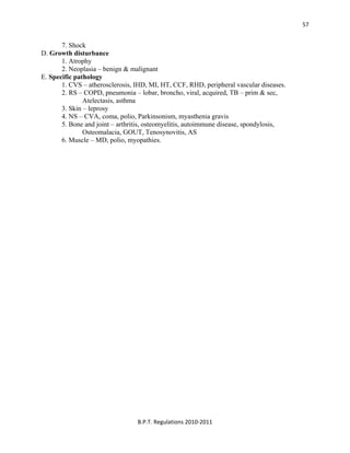  
B.P.T. Regulations 2010‐2011 
57
7. Shock
D. Growth disturbance
1. Atrophy
2. Neoplasia – benign & malignant
E. Specific pathology
1. CVS – atherosclerosis, IHD, MI, HT, CCF, RHD, peripheral vascular diseases.
2. RS – COPD, pneumonia – lobar, broncho, viral, acquired, TB – prim & sec,
Atelectasis, asthma
3. Skin – leprosy
4. NS – CVA, coma, polio, Parkinsonism, myasthenia gravis
5. Bone and joint – arthritis, osteomyelitis, autoimmune disease, spondylosis,
Osteomalacia, GOUT, Tenosynovitis, AS
6. Muscle – MD, polio, myopathies.
 