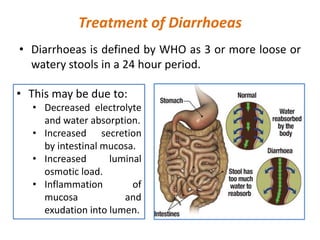 Treatment of Diarrhoeas
• Diarrhoeas is defined by WHO as 3 or more loose or
watery stools in a 24 hour period.
• This may be due to:
• Decreased electrolyte
and water absorption.
• Increased secretion
by intestinal mucosa.
• Increased luminal
osmotic load.
• Inflammation of
mucosa and
exudation into lumen.
 