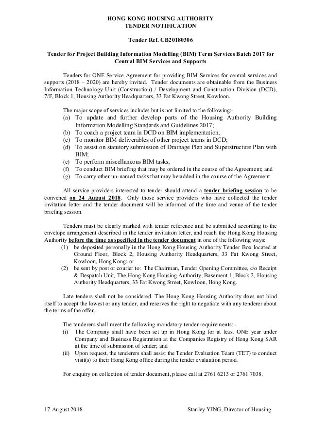 Hong Kong Housing Authority's Tender for Project BIM Term Services Ba…