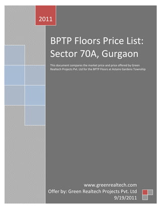 2011


   BPTP Floors Price List:
   Sector 70A, Gurgaon
   This document compares the market price and price offered by
   Green Realtech Projects Pvt. Ltd for the BPTP Floors at Astaire
   Gardens Township


   Real Estate Group Buying: Form a group with like-minded people
   for BPTP Floors to avail bulk discount, due diligence, and
   advisory.




                  www.greenrealtech.com
  Offer by: Green Realtech Projects Pvt. Ltd
             +91 9971884499, 9971889899
                                9/19/2011
 