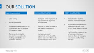 OUR SOLUTION
Blackprop Tree
• Land survey
• Route optimisation
• Processed images/videos of the
optimal route with a complete
3D rendered model
• Terrain analysis, digital
elevation model, alternate
routing, water bodies and
obstacles detection
PRE - CONSTRUCTION DURING CONSTRUCTION POST - CONSTRUCTION
• Complete aerial inspection at
regular intervals to provide
accurate data
• Planned vs actual progress of
the pipeline construction
project
• Verify actual use of
equipment, contractors false
claims and review the readily
accessible data on the cloud
• Data about the facilities,
stations, markers and posts
• Monitor encroachments and
construction activity in the
vicinity of the pipeline corridor
• High resolution images of tap
off points and the valve
stations, check for leakages,
soil erosion or other risky
activities
 