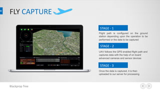 FLY CAPTURE
Blackprop Tree
STAGE - 1
Flight path is configured on the ground
station depending upon the operation to be
performed or the data to be captured
STAGE - 2
UAV follows the GPS enabled flight path and
captures data with the help of on board
advanced cameras and sensor devices
STAGE - 3
Once the data is captured, it is then
uploaded to our server for processing
 